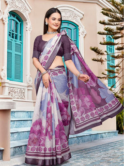 Suha - Women Fashion Ethnic Pure Cotton Purple Saree with Unstitched Blouse