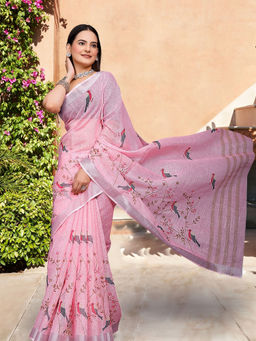 Suha - Women Fashion Ethnic Pure Cotton Light Pink Saree with Unstitched Blouse