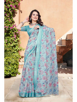 Suha - Women Fashion Ethnic Pure Cotton Blue Saree with Unstitched Blouse