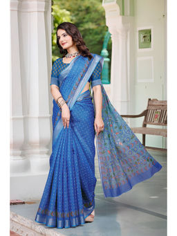 Suha - Women Fashion Ethnic Pure Cotton Blue Saree with Unstitched Blouse