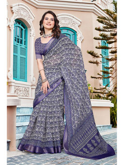 Suha - Women Fashion Ethnic Pure Cotton Navy Blue Saree with Unstitched Blouse