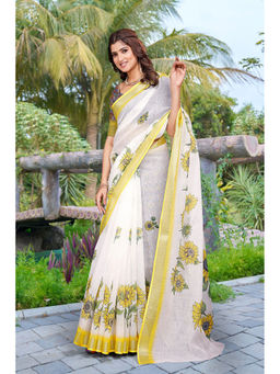 Suha - Women Fashion Ethnic Pure Cotton White Saree with Unstitched Blouse