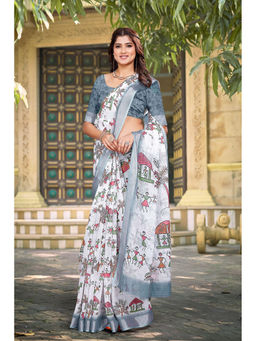 Suha - Women Fashion Ethnic Pure Cotton White Saree with Unstitched Blouse