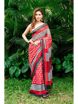 Suha - Women Fashion Ethnic Pure Cotton Red Saree with Unstitched Blouse