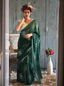 Suha - Women Fashion Ethnic Pure Cotton Green Saree with Unstitched Blouse