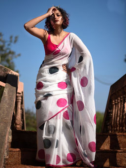 Suha - Women Fashion Ethnic Pure Cotton White Saree with Unstitched Blouse