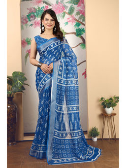 Suha - Women Fashion Ethnic Pure Cotton Blue Saree with Unstitched Blouse