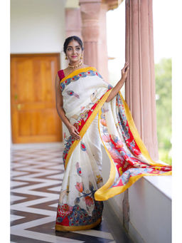 Suha - Women Fashion Ethnic Pure Cotton White Saree with Unstitched Blouse