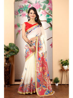 Suha - Women Fashion Ethnic Pure Cotton White Saree with Unstitched Blouse