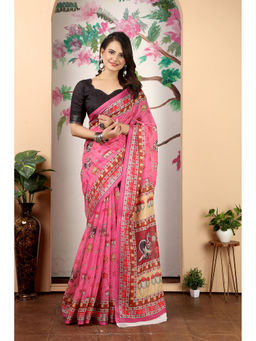 Suha - Women Fashion Ethnic Pure Cotton Pink Saree with Unstitched Blouse