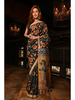 Suha - Women Fashion Ethnic Pure Cotton Black Saree with Unstitched Blouse