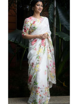 Suha - Women Fashion Ethnic Pure Cotton White Saree with Unstitched Blouse