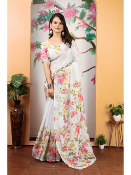 Suha - Women Fashion Ethnic Pure Cotton White Saree with Unstitched Blouse