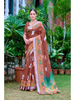 Suha - Women Fashion Ethnic Pure Cotton Brown Saree with Unstitched Blouse