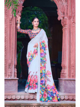 Suha - Women Fashion Ethnic Pure Cotton White Saree with Unstitched Blouse