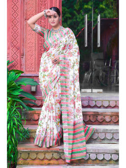 Suha - Women Fashion Ethnic Pure Cotton White Saree with Unstitched Blouse