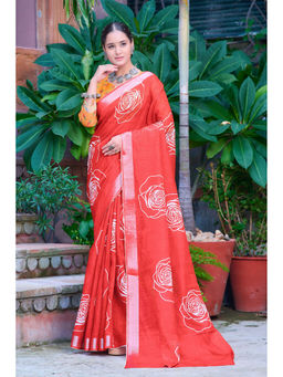 Suha - Women Fashion Ethnic Pure Cotton Red Saree with Unstitched Blouse