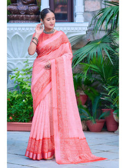 Suha - Women Fashion Ethnic Pure Cotton Peach Saree with Unstitched Blouse