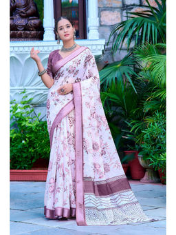 Suha - Women Fashion Ethnic Pure Cotton White Saree with Unstitched Blouse