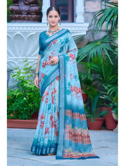 Suha - Women Fashion Ethnic Pure Cotton Sky Blue Saree with Unstitched Blouse