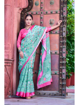Suha - Women Fashion Ethnic Pure Cotton Sea Green Saree with Unstitched Blouse