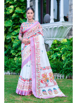 Suha - Women Fashion Ethnic Pure Cotton White Saree with Unstitched Blouse