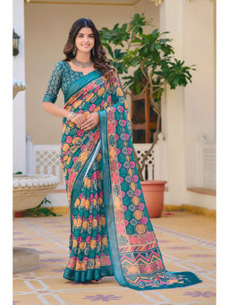 Suha - Women Fashion Ethnic Pure Cotton Teal Saree with Unstitched Blouse
