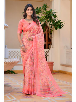 Suha - Women Fashion Ethnic Pure Cotton Peach Saree with Unstitched Blouse