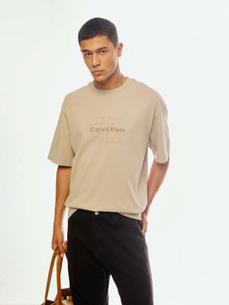 Calvin Klein - Embroidered Logo Relaxed Fit Cotton Beige T-Shirt