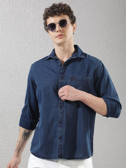 CRIMSOUNE CLUB - Mens Navy Blue 100% Cotton Denim Casual Shirt