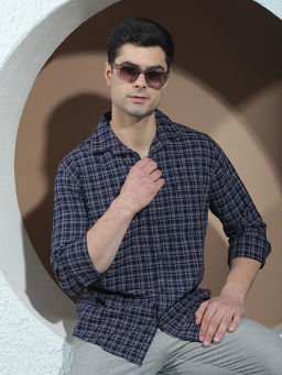 CRIMSOUNE CLUB - Mens Navy Blue 100% Cotton Checked Casual Shirt