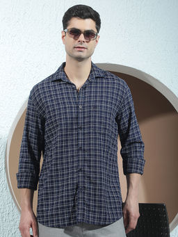 CRIMSOUNE CLUB - Mens Navy Blue 100% Cotton Checked Casual Shirt