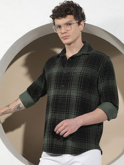 CRIMSOUNE CLUB - Mens Green 100% Cotton Corduroy Checked Casual Shirt