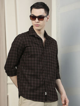 CRIMSOUNE CLUB - Mens Brown Checked 100% Cotton Casual Shirt