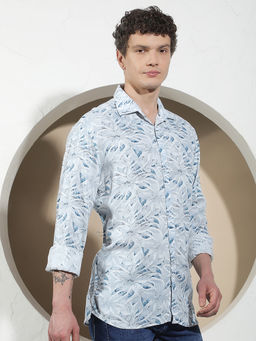 CRIMSOUNE CLUB - Mens Blue Floral Print Linen Casual Shirt