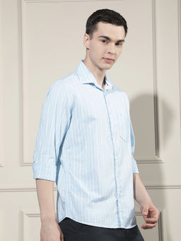 CRIMSOUNE CLUB - Mens Blue Vertical Stripes 100% Cotton Casual Shirt