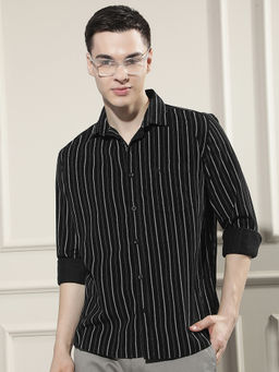 CRIMSOUNE CLUB - Mens Black Vertical Stripes 100% Cotton Corduroy Casual Shirt