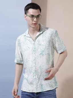 CRIMSOUNE CLUB - Mens Green Floral Printed Casual Shirt