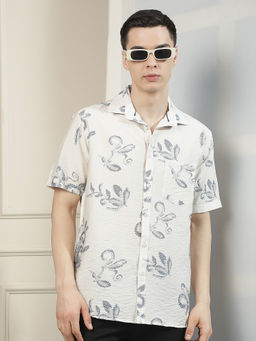 CRIMSOUNE CLUB - Mens Grey Floral Printed Casual Shirt