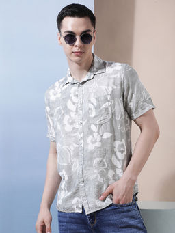 CRIMSOUNE CLUB - Mens Green Floral Printed Casual Shirt