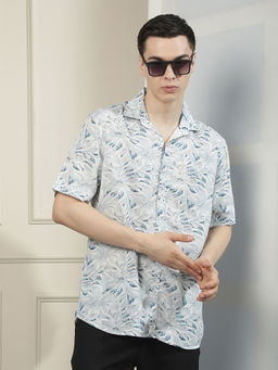 CRIMSOUNE CLUB - Mens Blue Linen Floral Printed Casual Shirt