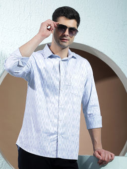 CRIMSOUNE CLUB - Mens Blue Geometric Print 100% Cotton Casual Shirt