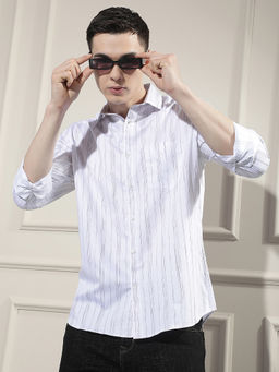 CRIMSOUNE CLUB - Mens White Vertical Striped 100% Cotton Casual Shirt