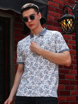 CRIMSOUNE CLUB - Mens Blue Floral Print Polo T-Shirt