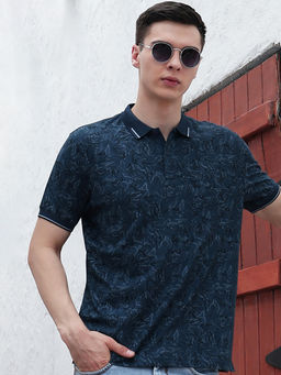 CRIMSOUNE CLUB - Mens Blue Floral Print Polo T-Shirt
