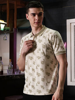 CRIMSOUNE CLUB - Mens Beige Floral Print Polo T-Shirt