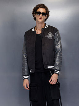 WROGN - Mens black varsity jacket with leather sleeves