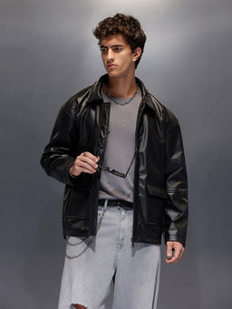 WROGN - Mens Relaxed Fit Collared Fit PU Black Jacket