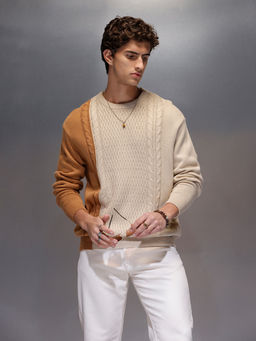 WROGN - Mens Slim Fit Cable Knit Colorblocked Sweater