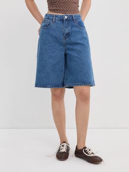Pomelo - High Waisted Longline Denim Shorts with Logo Patch - Blue